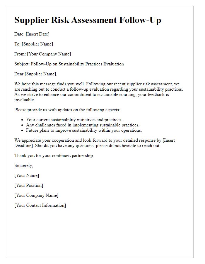 Letter template of supplier risk assessment follow-up for sustainability practices evaluation.