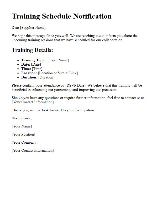 Letter template of supplier communication regarding training schedules.