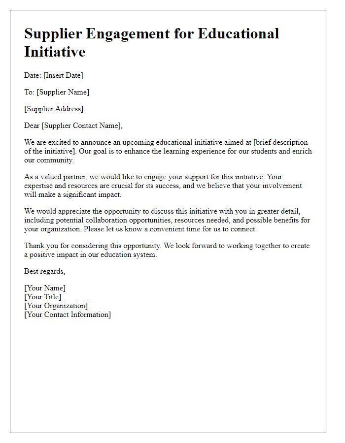 Letter template of supplier engagement for educational initiative.