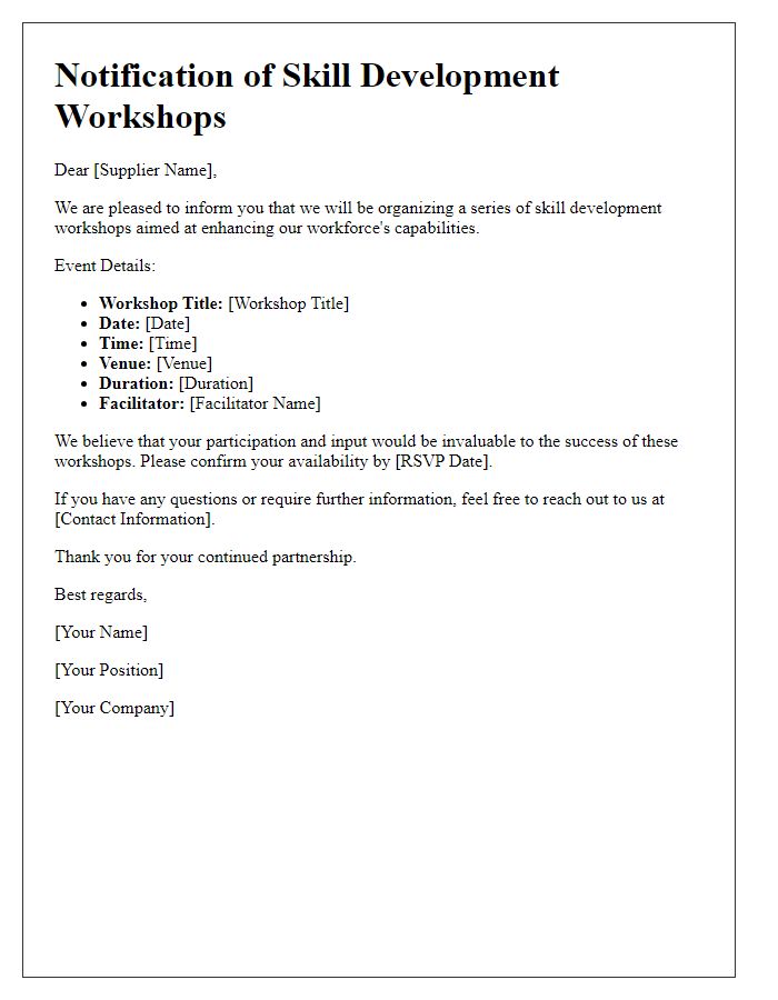 Letter template of supplier notification for skill development workshops.