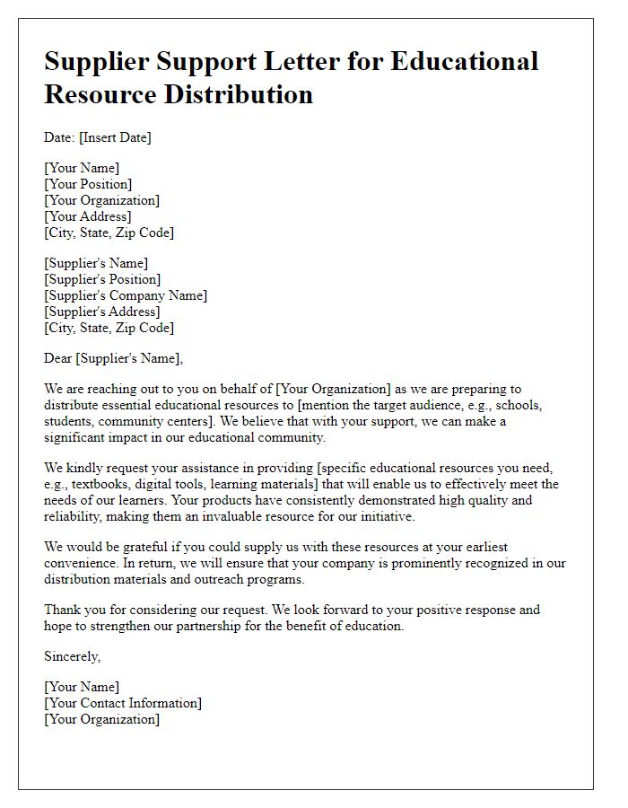 Letter template of supplier support for educational resource distribution.