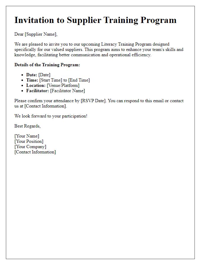 Letter template of supplier training invitation for literacy program.