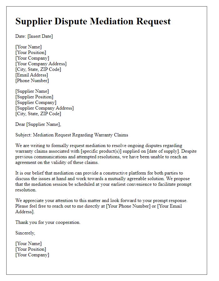 Letter template of supplier dispute mediation request about warranty claims