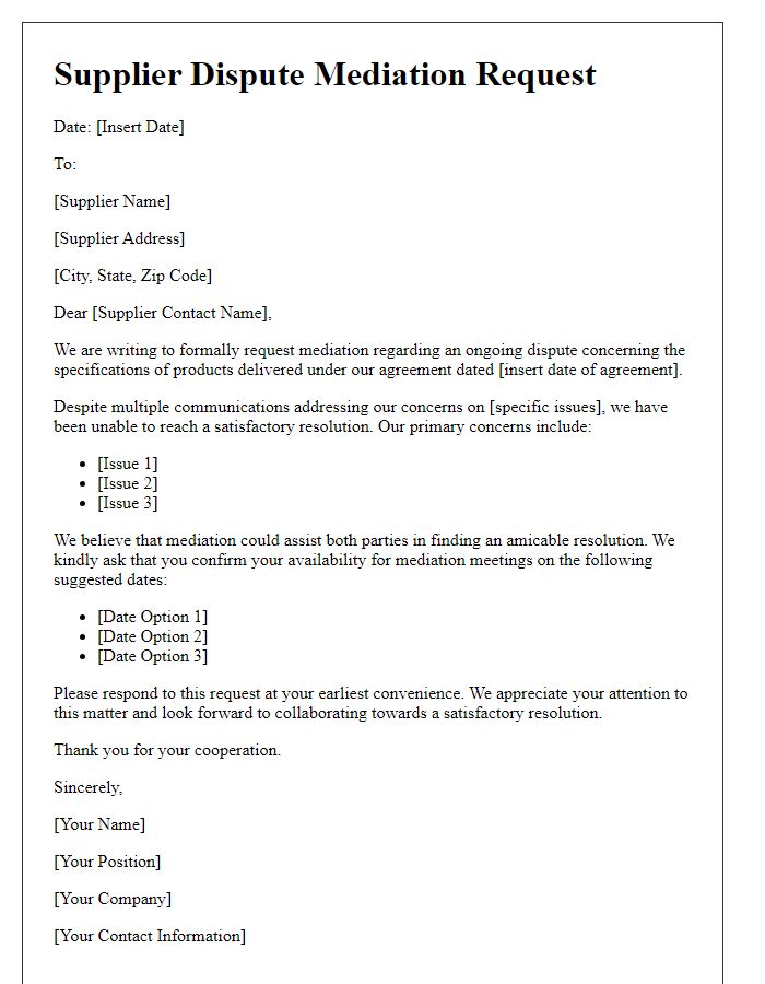 Letter template of supplier dispute mediation request concerning product specifications