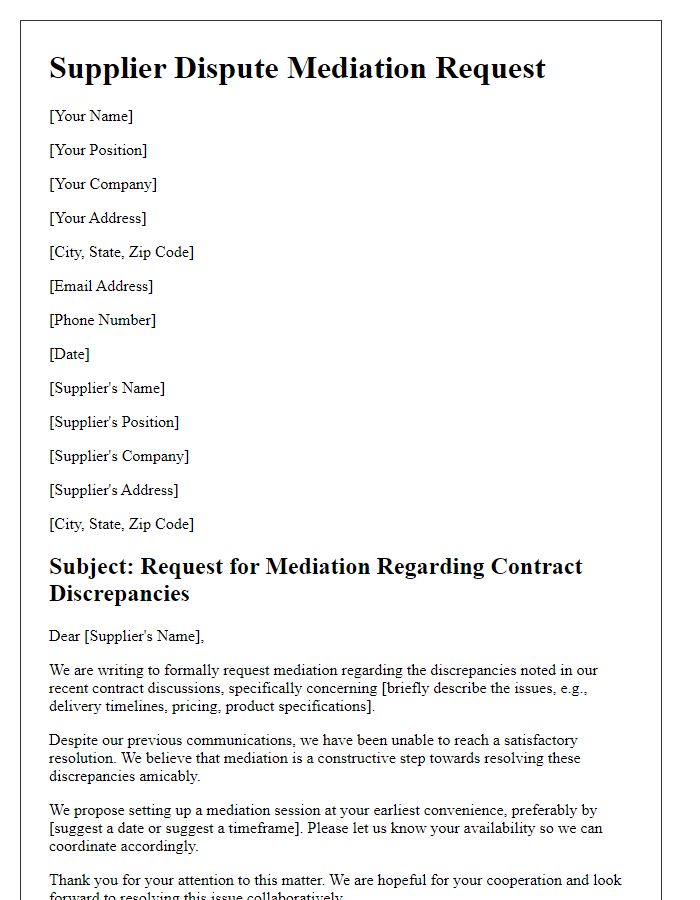 Letter template of supplier dispute mediation request for contract discrepancies