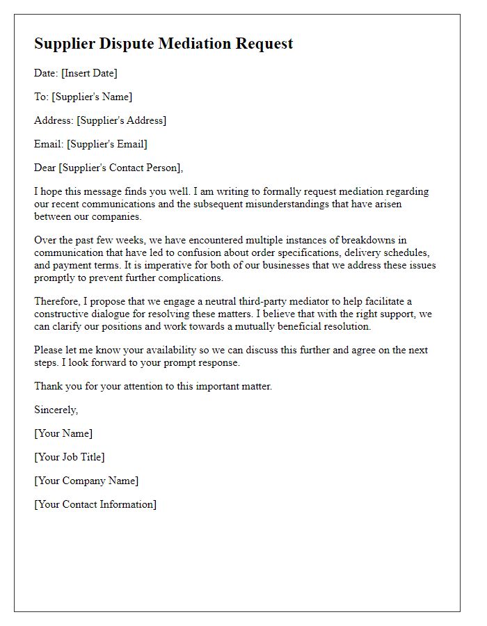 Letter template of supplier dispute mediation request focused on communication breakdowns