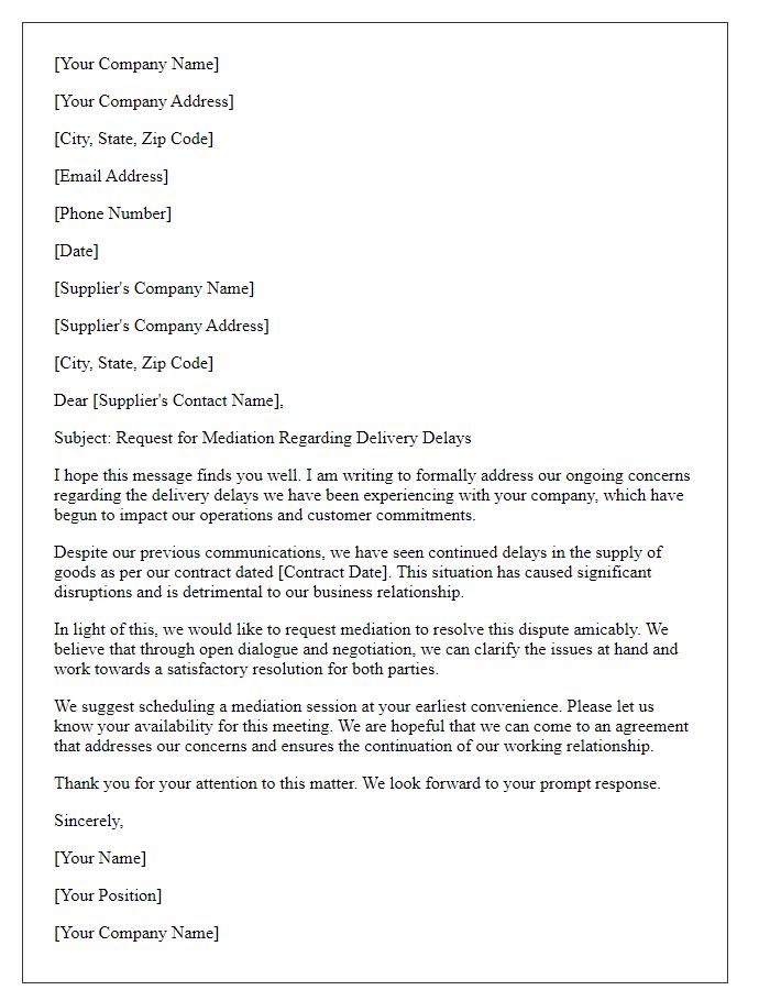 Letter template of supplier dispute mediation request over delivery delays