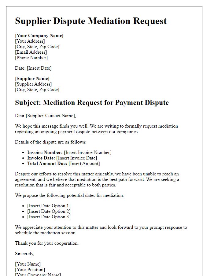 Letter template of supplier dispute mediation request for payment issues