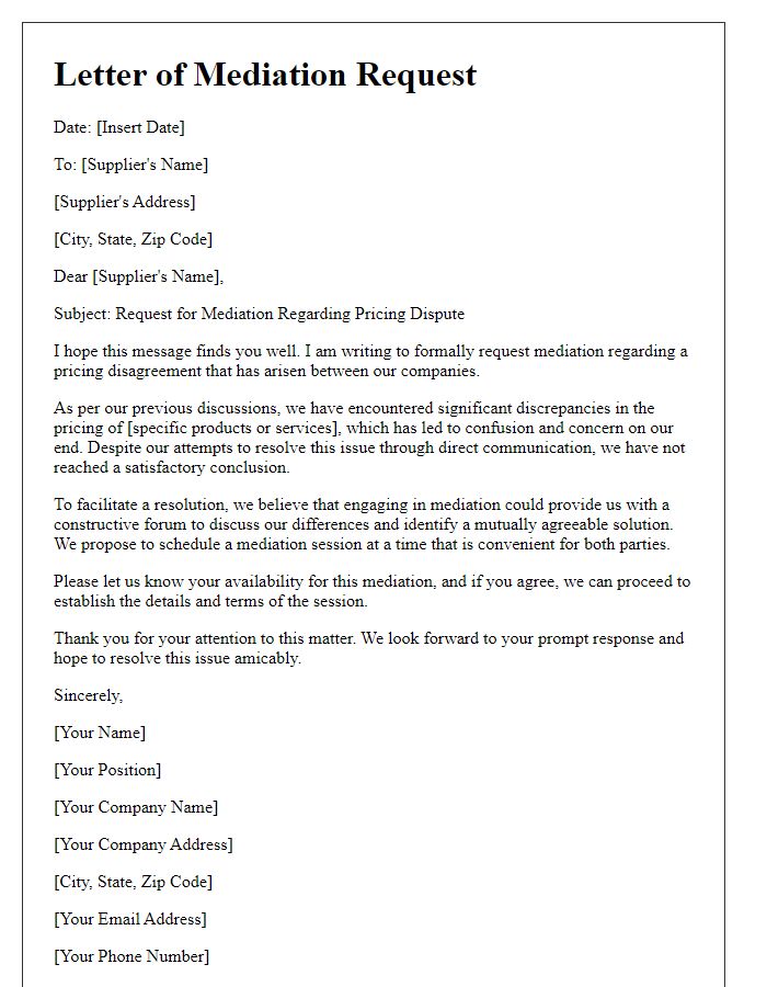 Letter template of supplier dispute mediation request for pricing disagreements