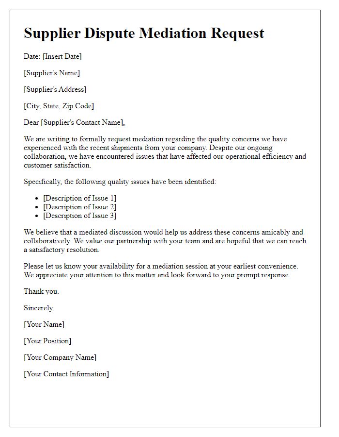 Letter template of supplier dispute mediation request regarding quality concerns