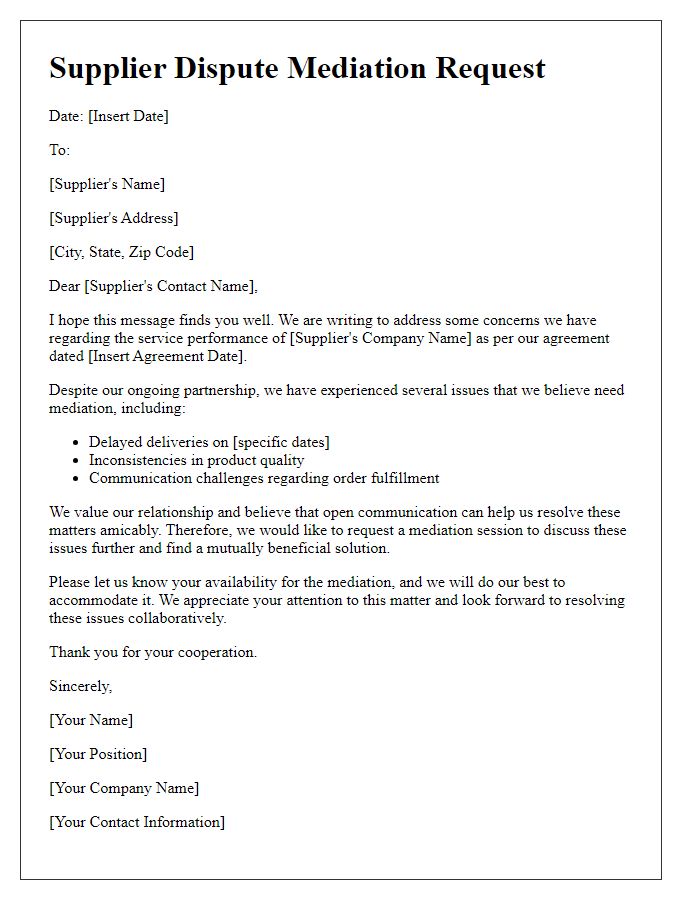 Letter template of supplier dispute mediation request related to service performance