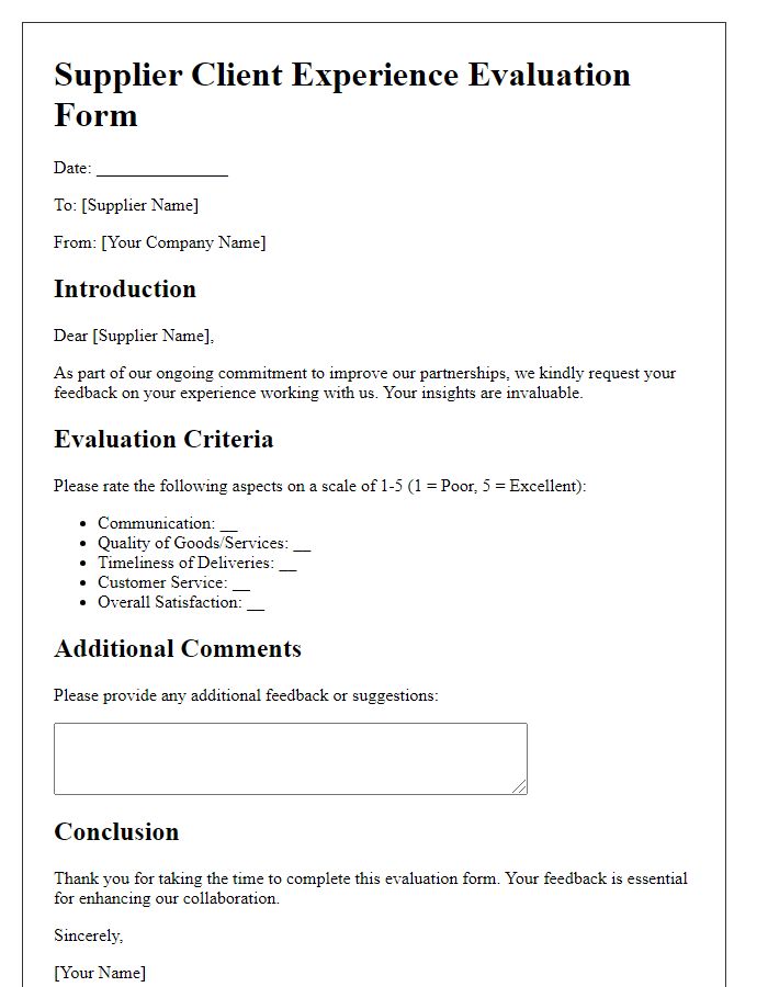 Letter template of Supplier Client Experience Evaluation Form