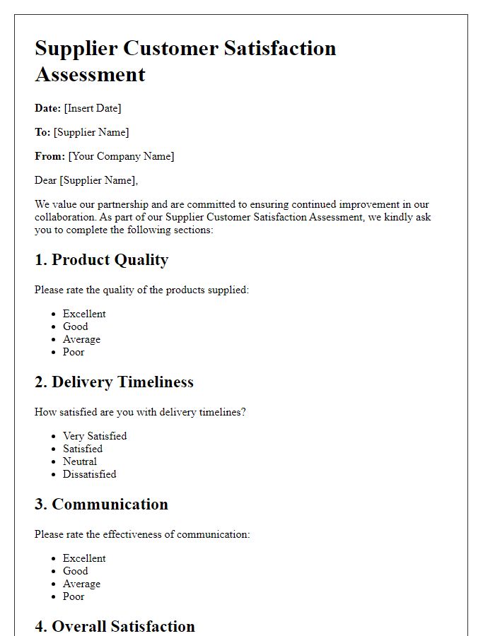 Letter template of Supplier Customer Satisfaction Assessment