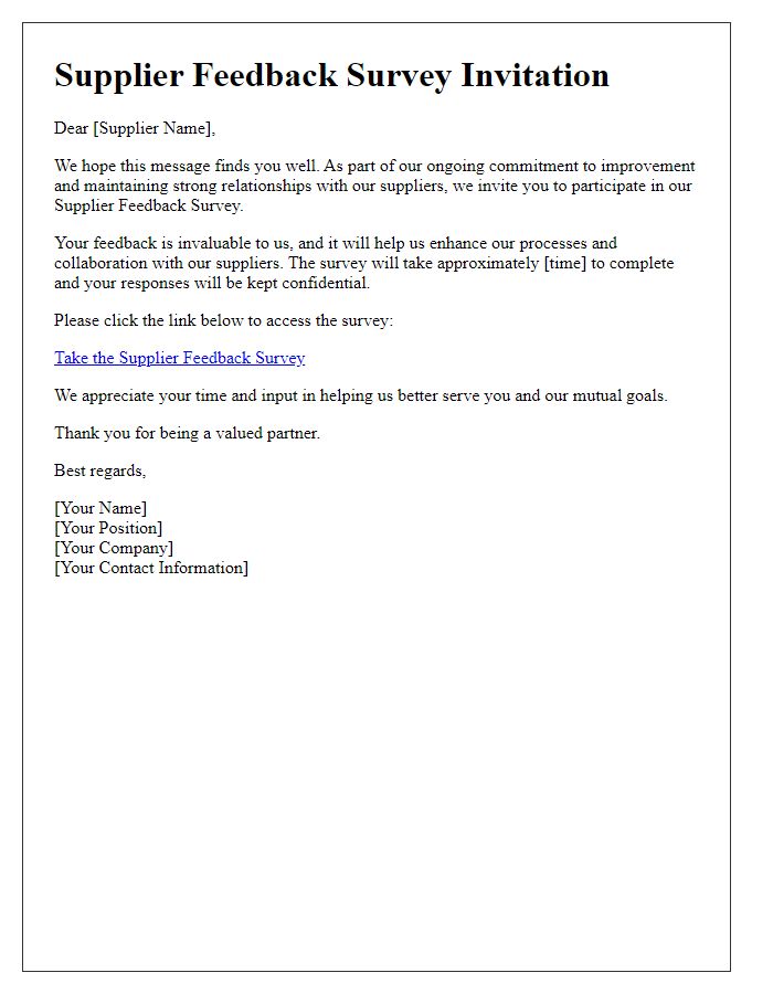 Letter template of Supplier Feedback Survey Invitation