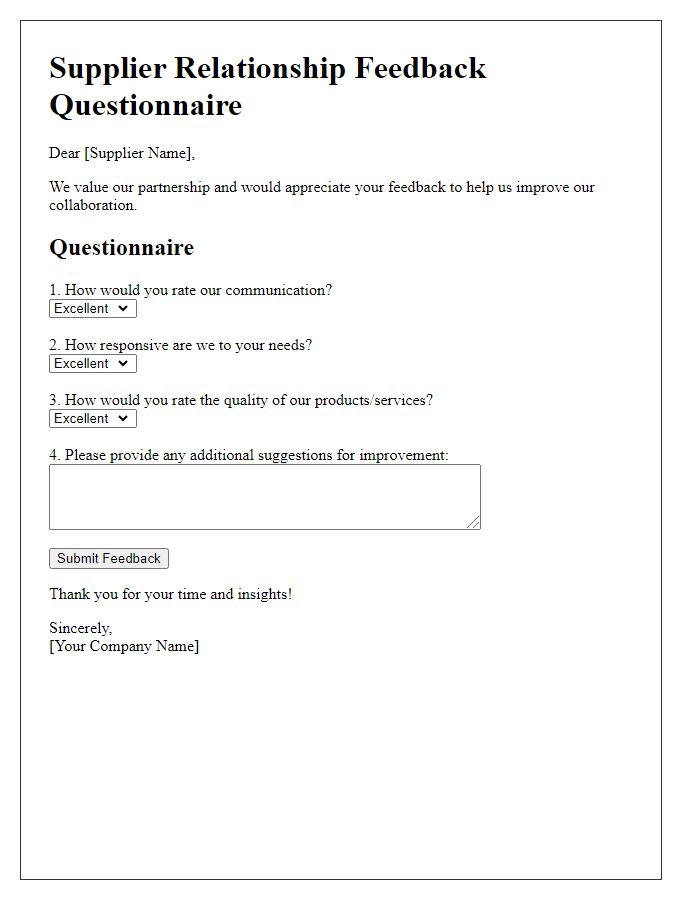 Letter template of Supplier Relationship Feedback Questionnaire