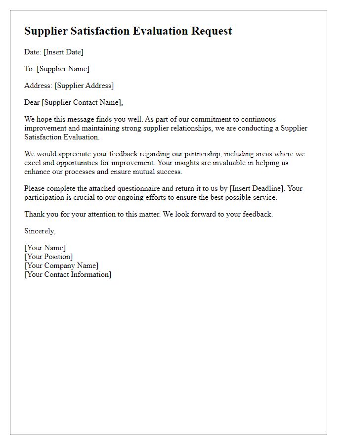 Letter template of Supplier Satisfaction Evaluation Request