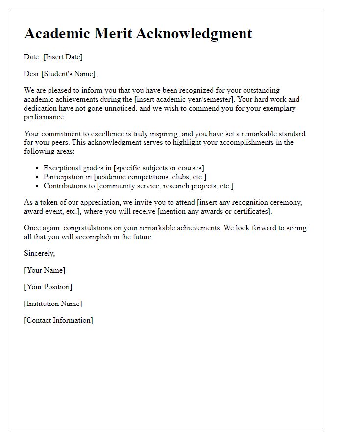 Letter template of Academic Merit Acknowledgment