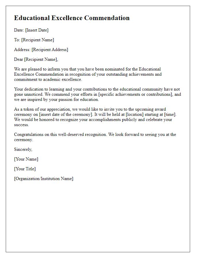 Letter template of Educational Excellence Commendation