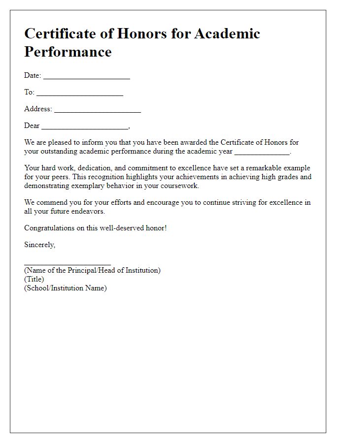 Letter template of Honors for Academic Performance