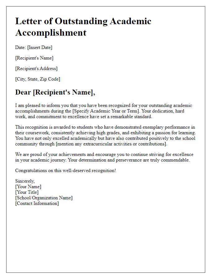 Letter template of Outstanding Academic Accomplishment