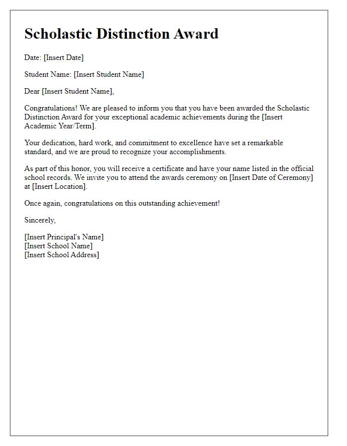 Letter template of Scholastic Distinction Award