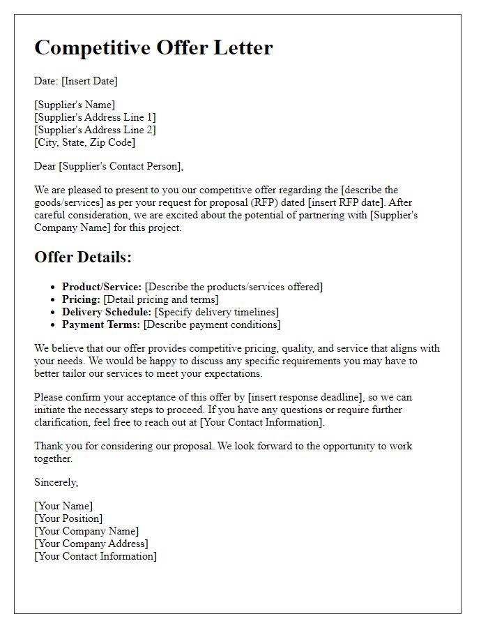 Letter template of competitive offer letter for supplier bids