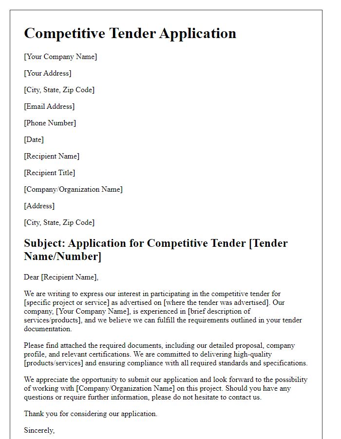 Letter template of competitive tender application for suppliers