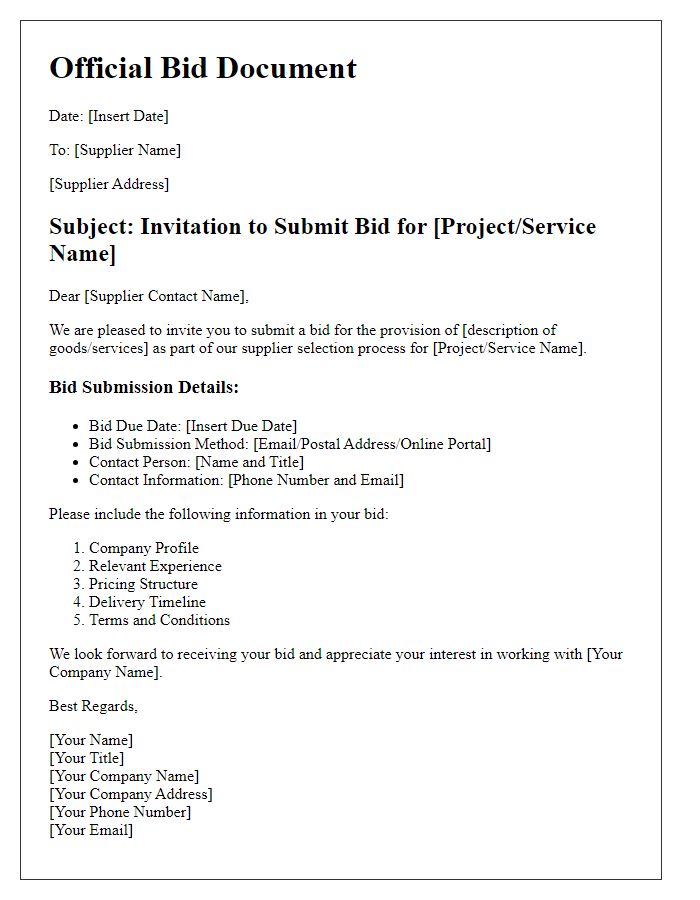 Letter template of official bid document for supplier selection process