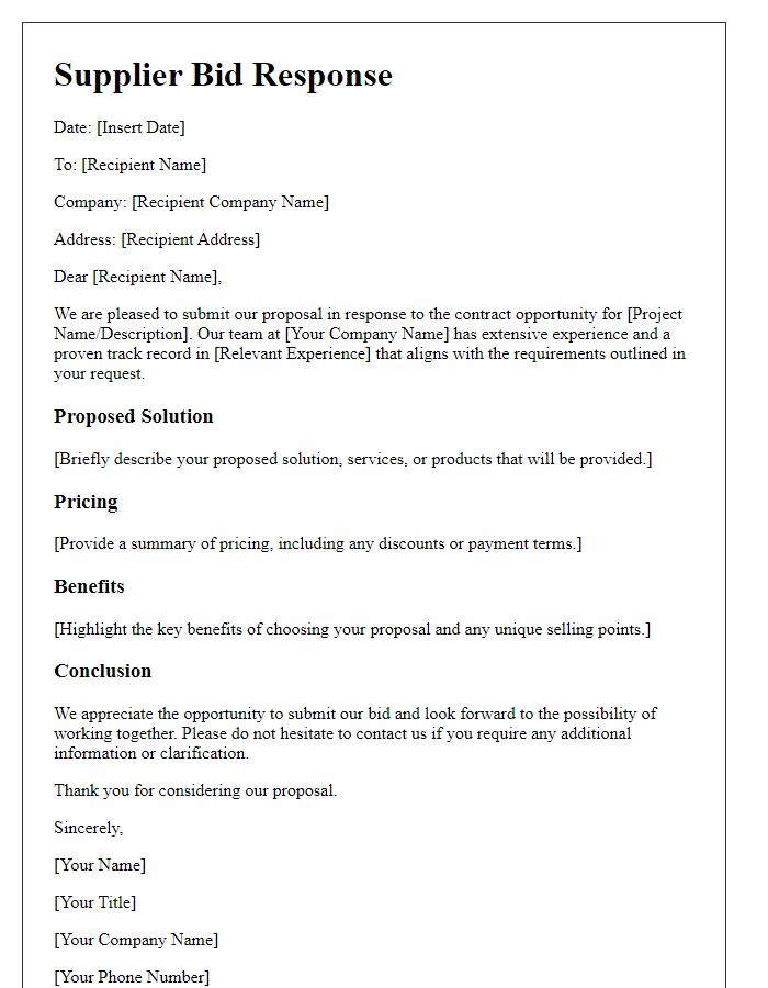 Letter template of supplier bid response for contract opportunity