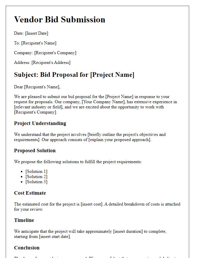 Letter template of vendor bid for project consideration