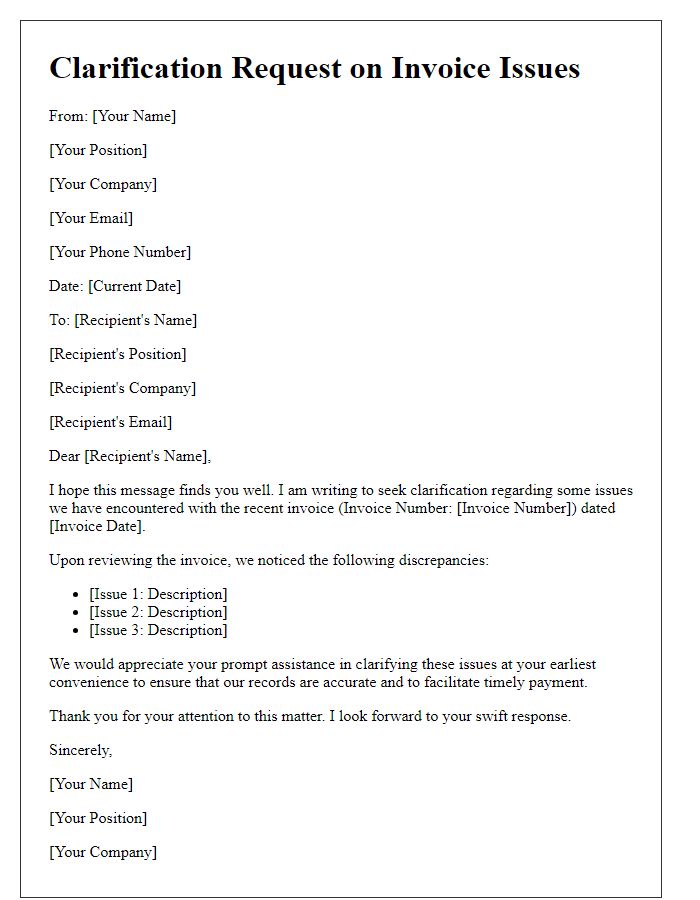 Letter template of Clarification Request on Invoice Issues