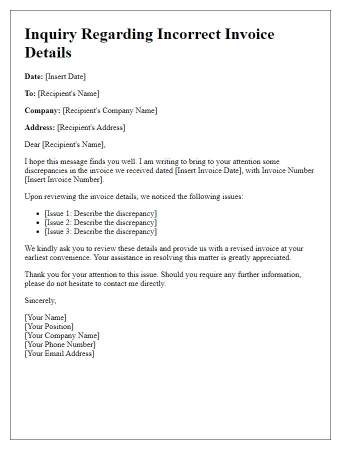 Letter template of Incorrect Invoice Details Inquiry