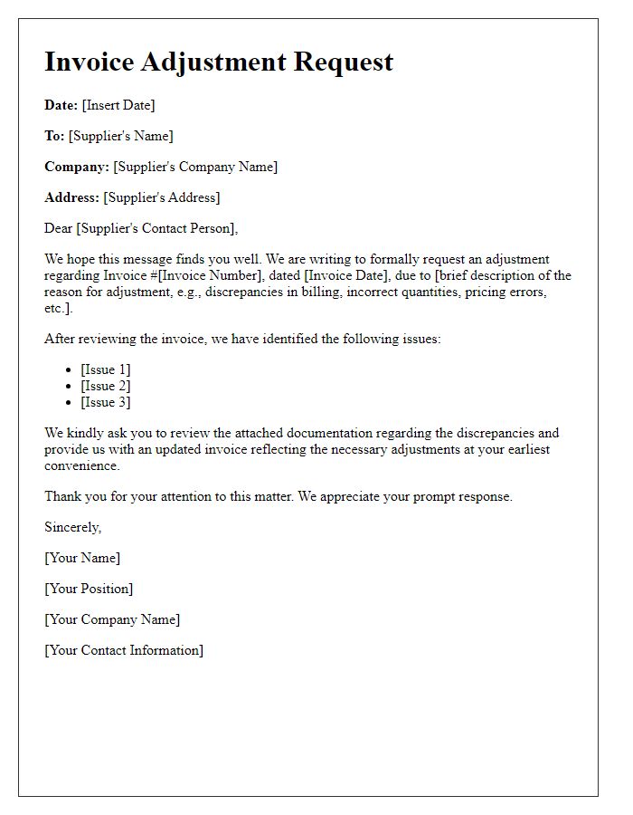 Letter template of Invoice Adjustment Request to Supplier