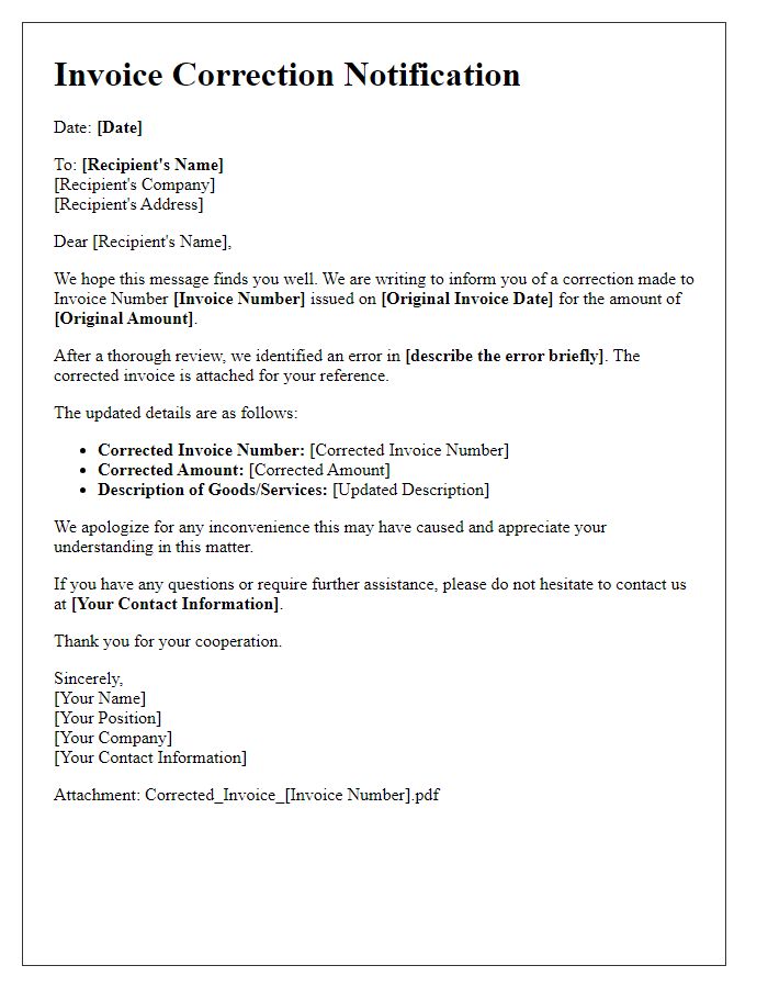 Letter template of Invoice Correction Notification