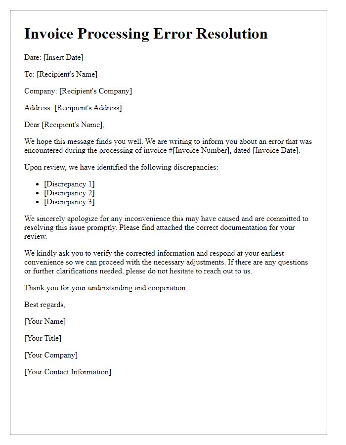 Letter template of Invoice Processing Error Resolution