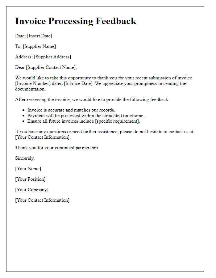 Letter template of Invoice Processing Feedback to Supplier