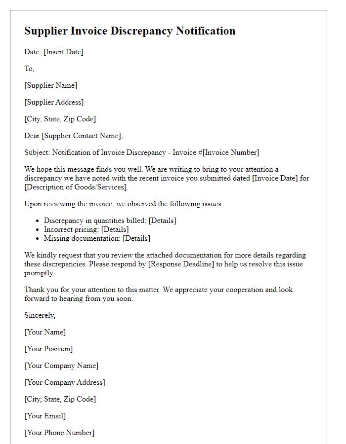 Letter template of Supplier Invoice Discrepancy Notification