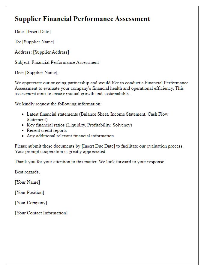 Letter template of Supplier Financial Performance Assessment