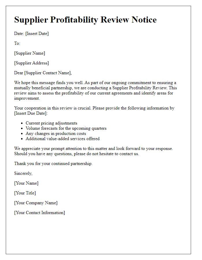 Letter template of Supplier Profitability Review Notice