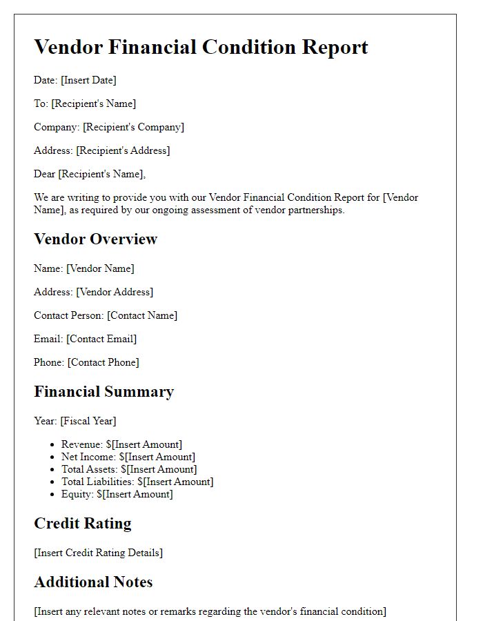 Letter template of Vendor Financial Condition Report