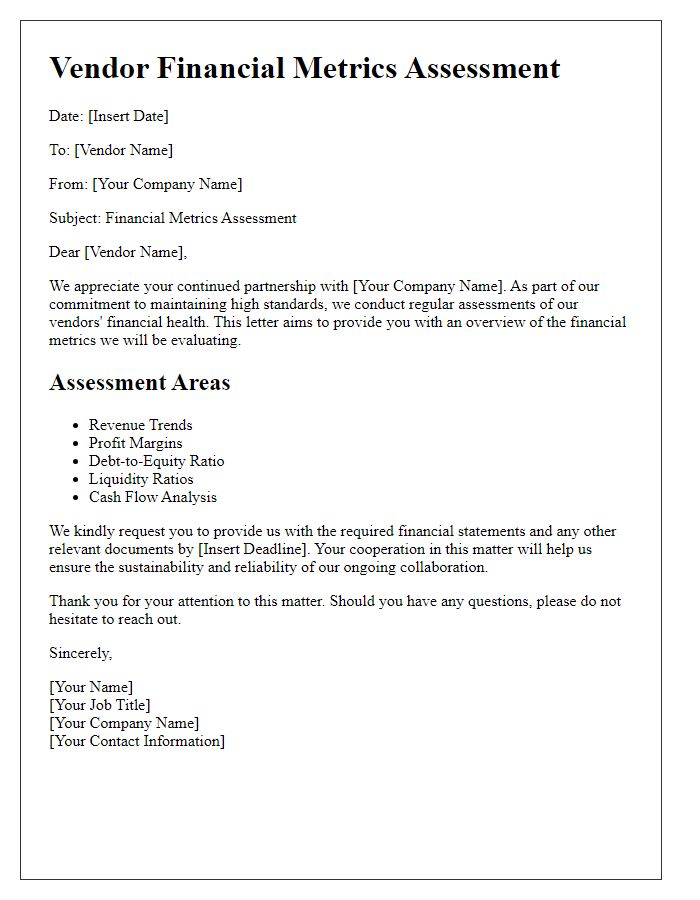 Letter template of Vendor Financial Metrics Assessment