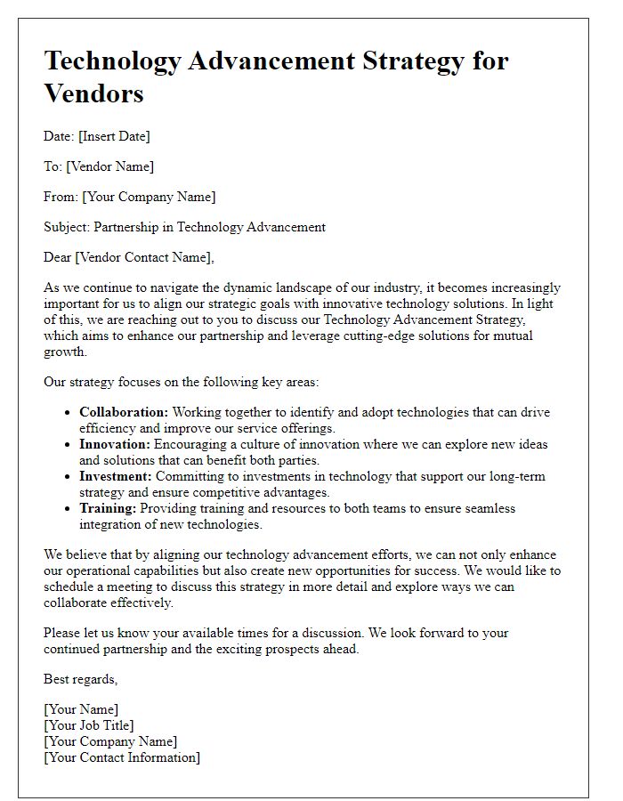 Letter template of technology advancement strategy for vendors