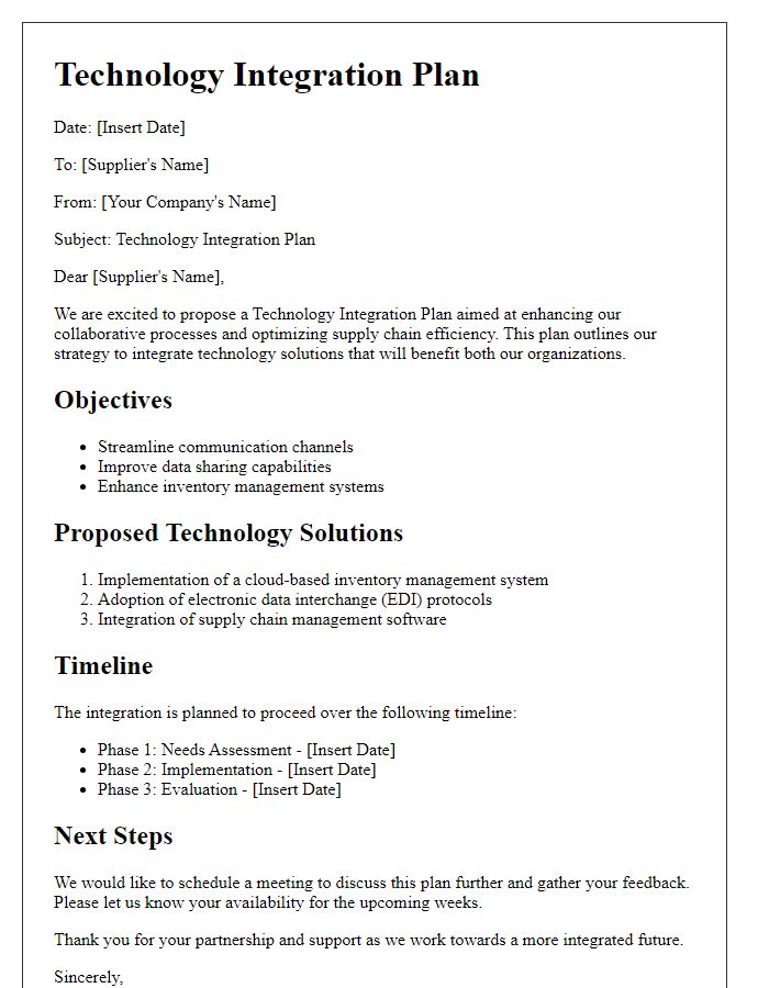 Letter template of technology integration plan for suppliers