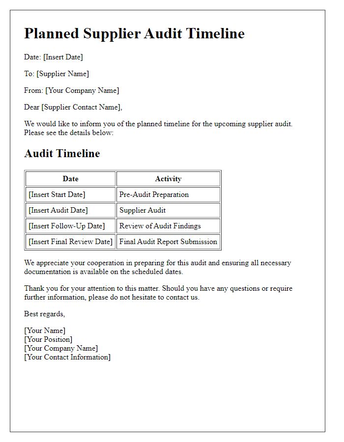 Letter template of planned supplier audit timeline