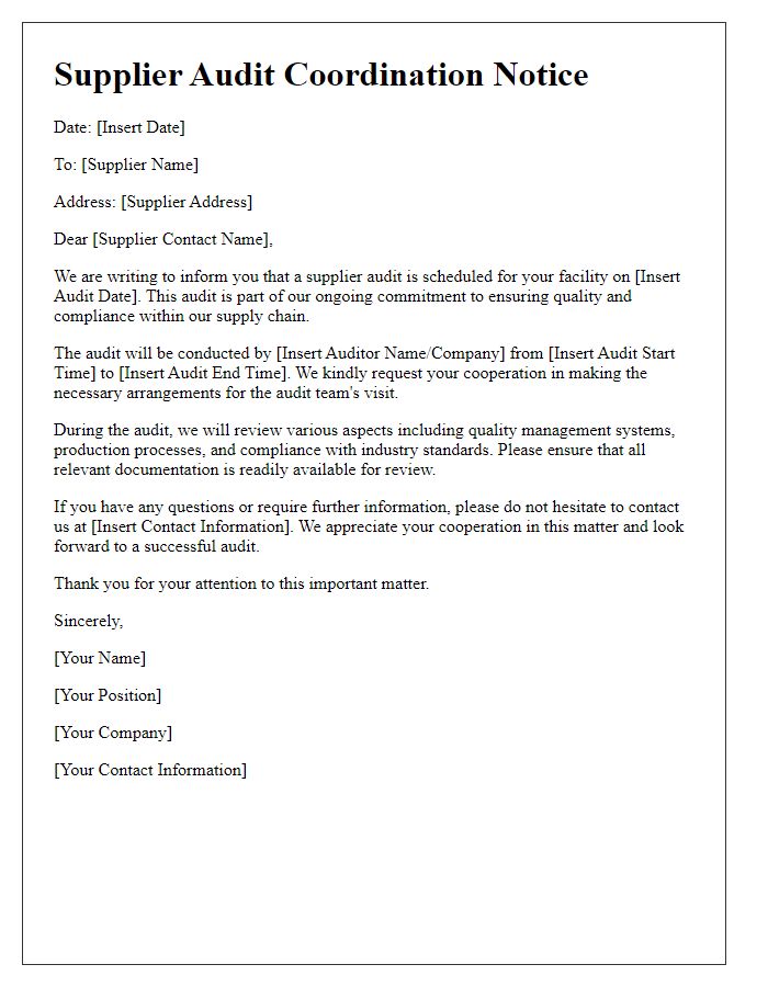 Letter template of supplier audit coordination notice