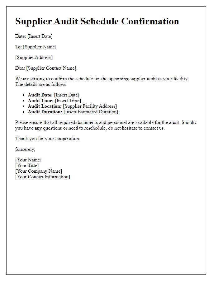 Letter template of supplier audit schedule confirmation