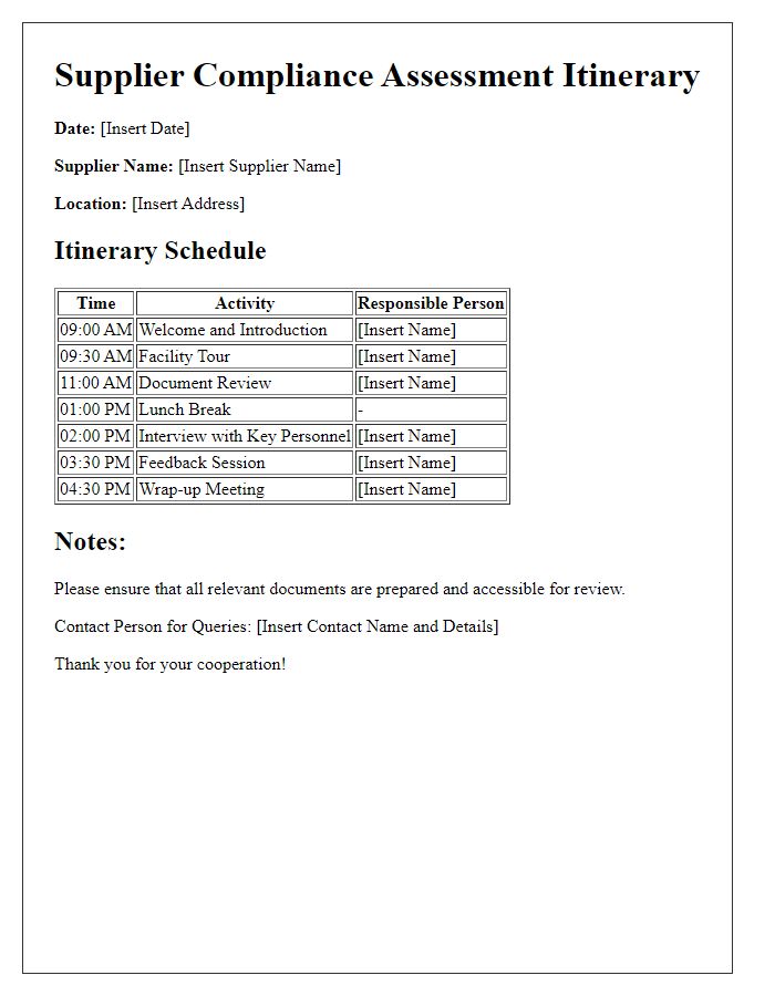 Letter template of supplier compliance assessment itinerary