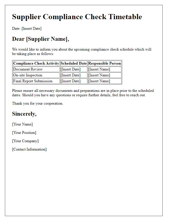 Letter template of supplier compliance check timetable