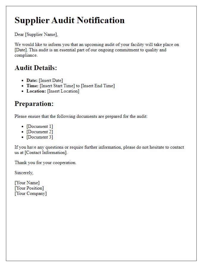 Letter template of upcoming supplier audit details