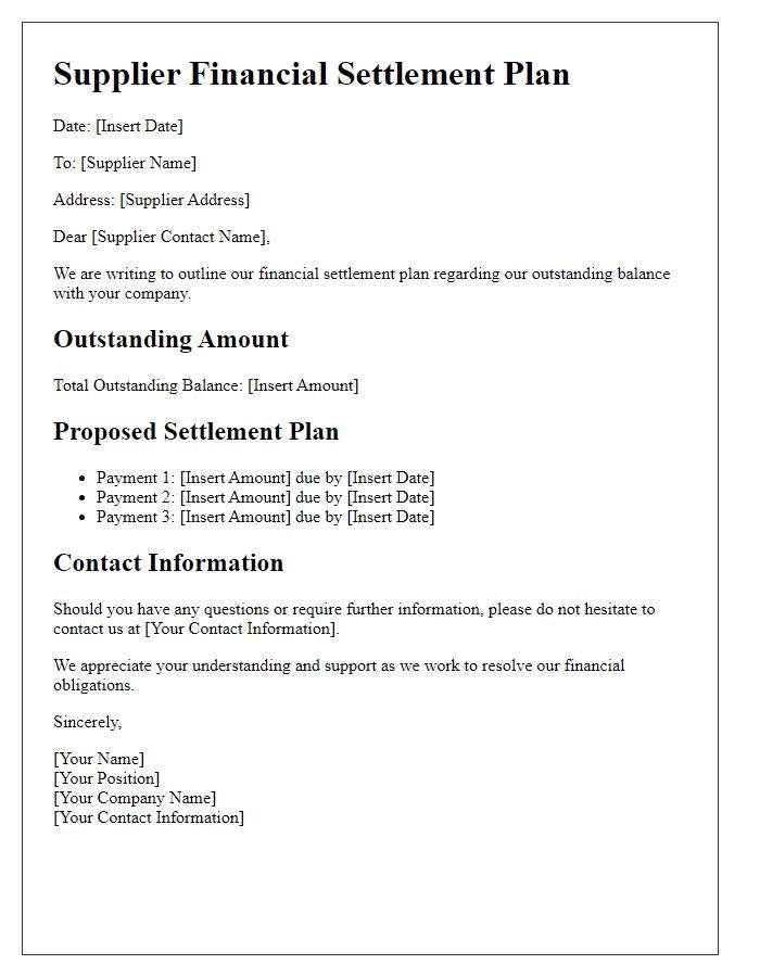 Letter template of supplier financial settlement plan